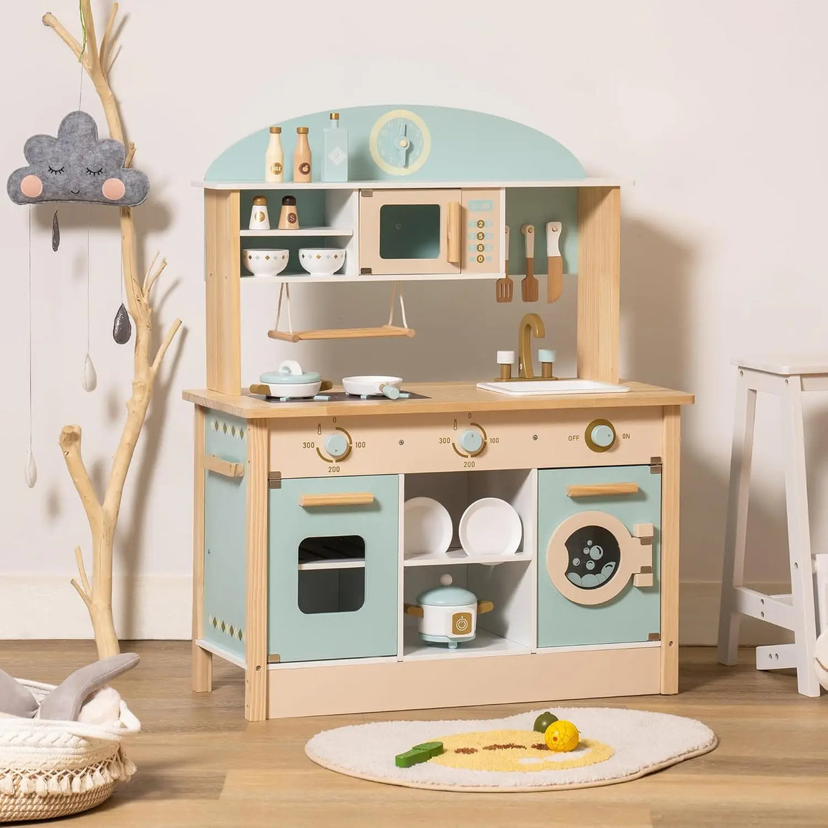 Blaue Kinderküche aus Holz mit Mikrowelle und Backofen Lilla Kids