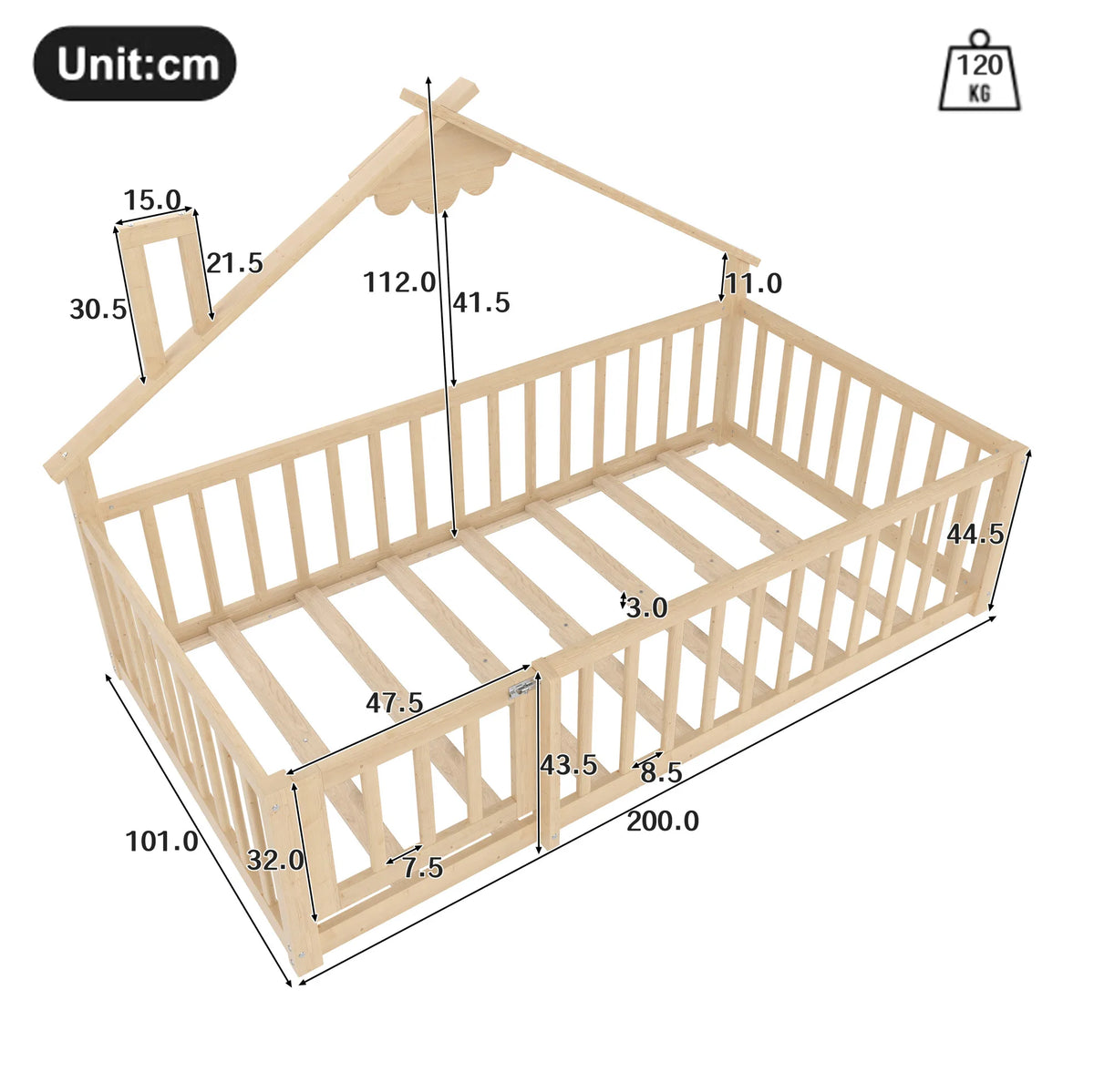 Bodenbett-Hausbett aus Kiefer in Natur 90x190 Lilla Kids