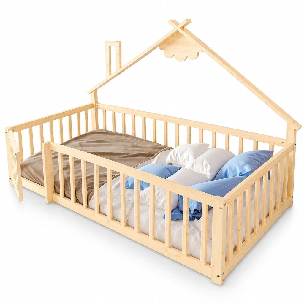 Bodenbett-Hausbett aus Kiefer in Natur 90x190 Lilla Kids