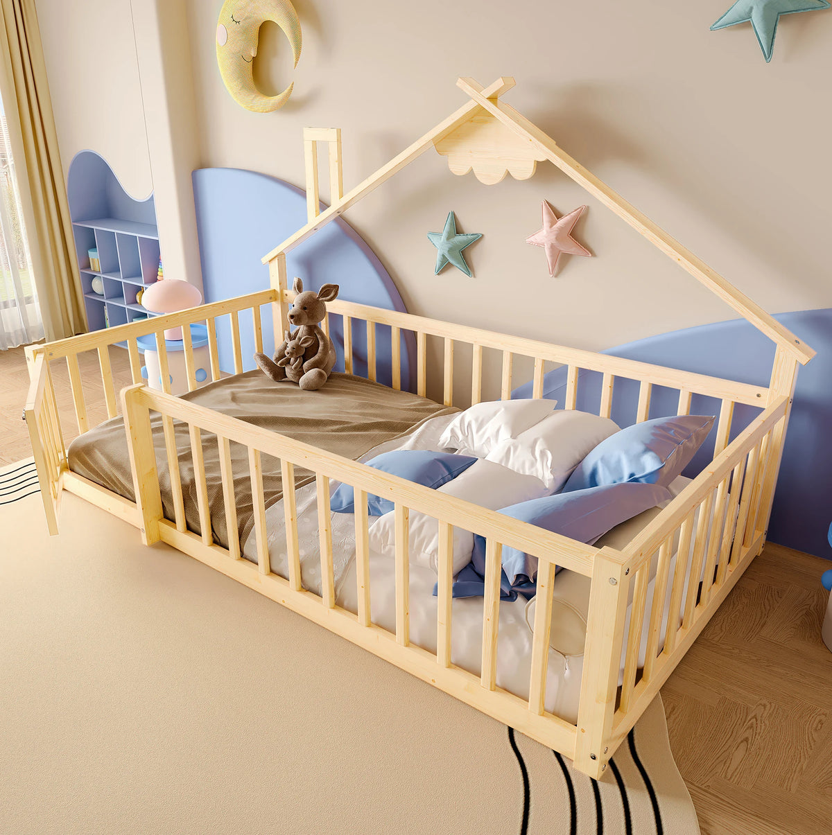 Bodenbett-Hausbett aus Kiefer in Natur 90x190 Lilla Kids