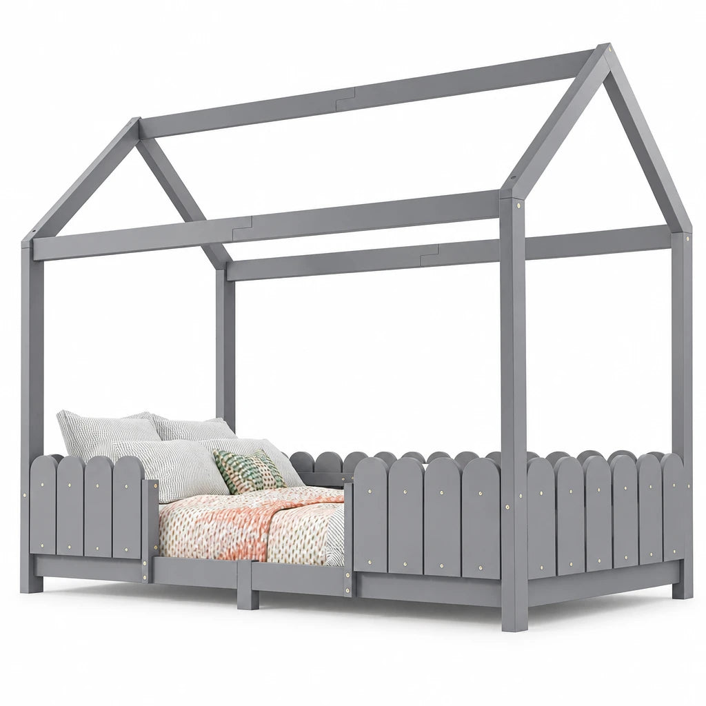 Bodenbett-Hausbett mit Dach und Schutzgittern 90x200 Lilla Kids