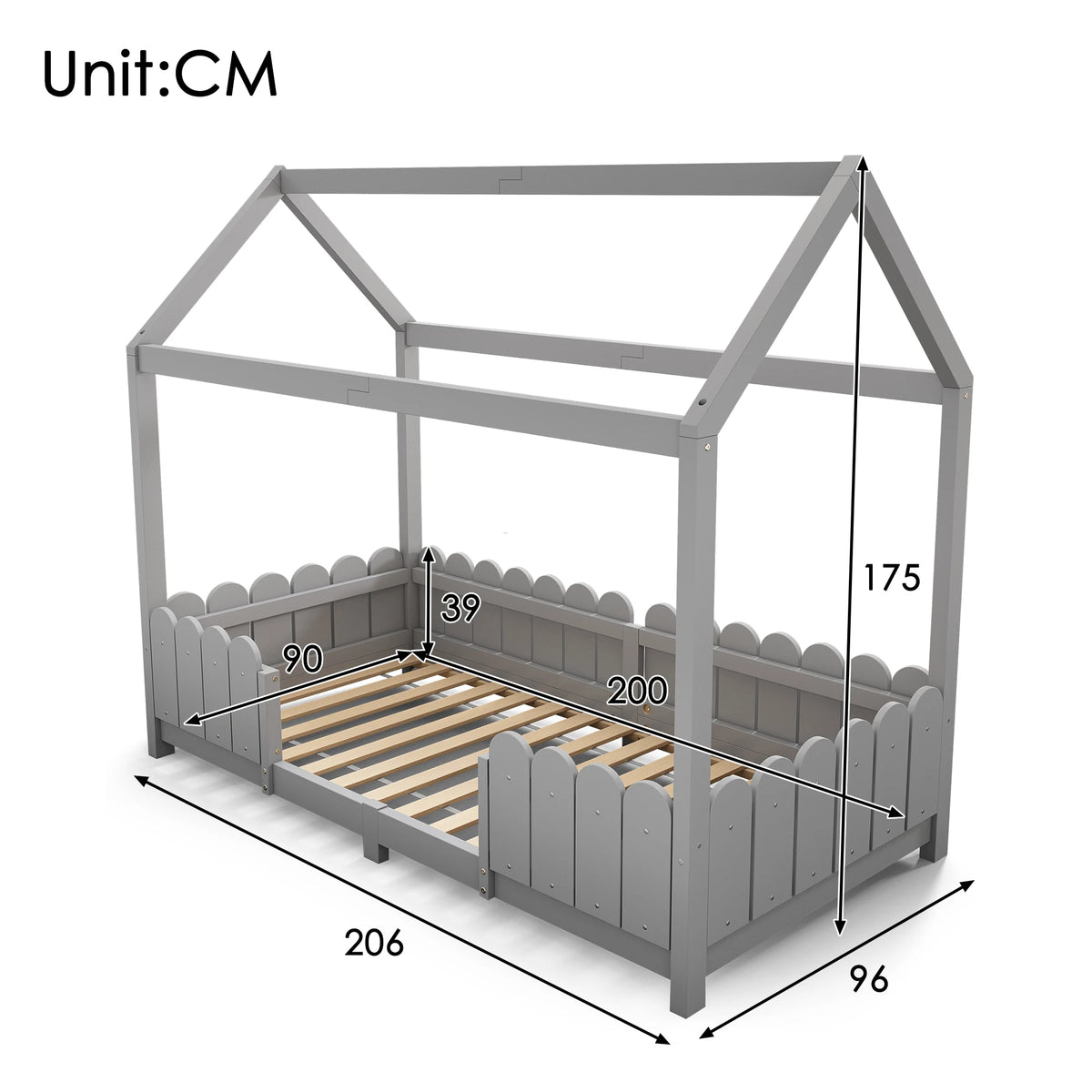 Bodenbett-Hausbett mit Dach und Schutzgittern 90x200 Lilla Kids