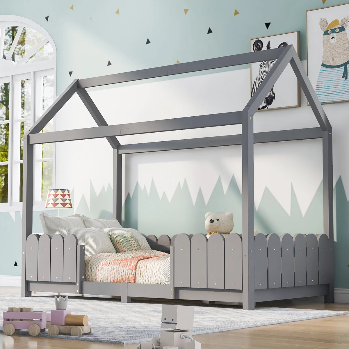 Bodenbett-Hausbett mit Dach und Schutzgittern 90x200 Lilla Kids