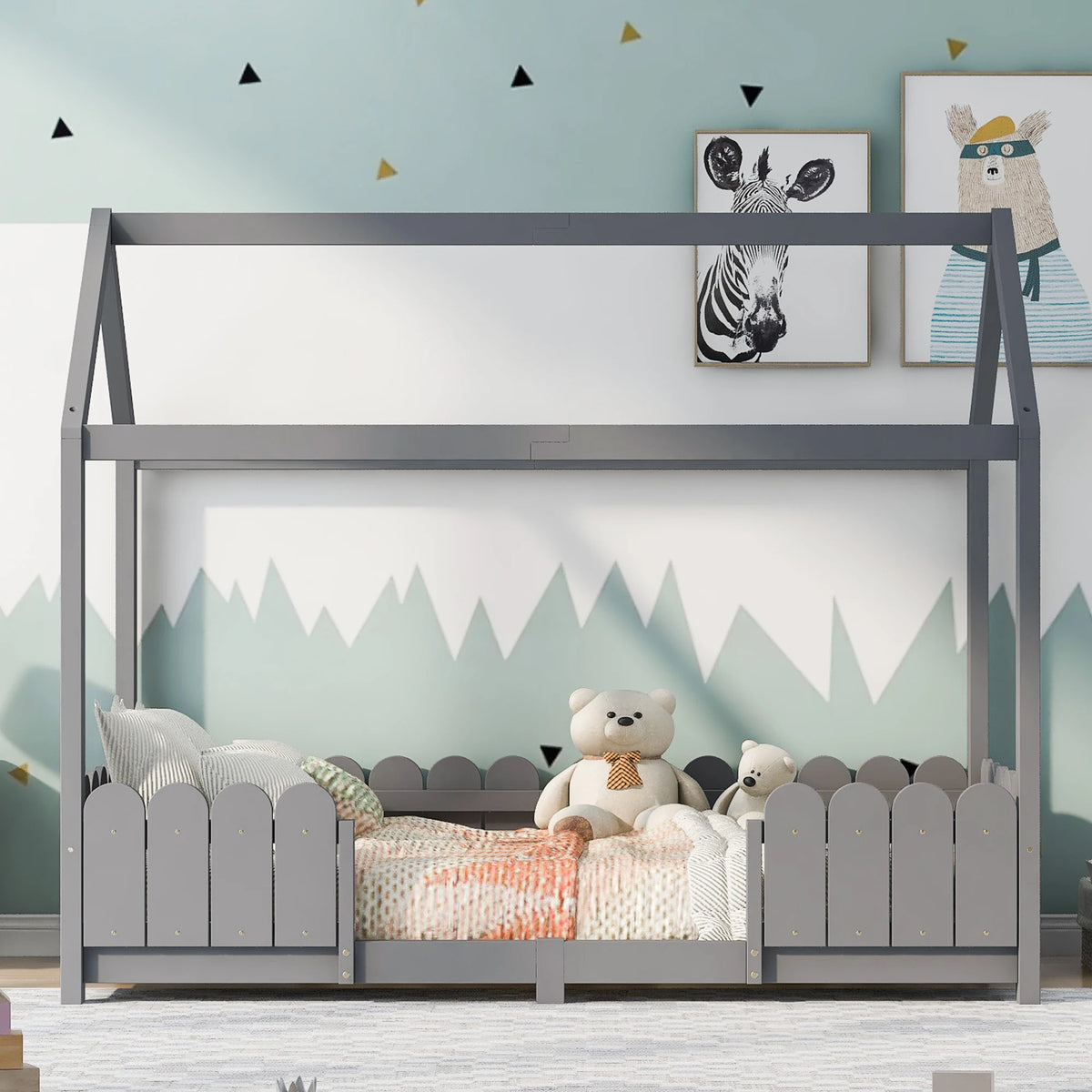Bodenbett-Hausbett mit Dach und Schutzgittern 90x200 Lilla Kids