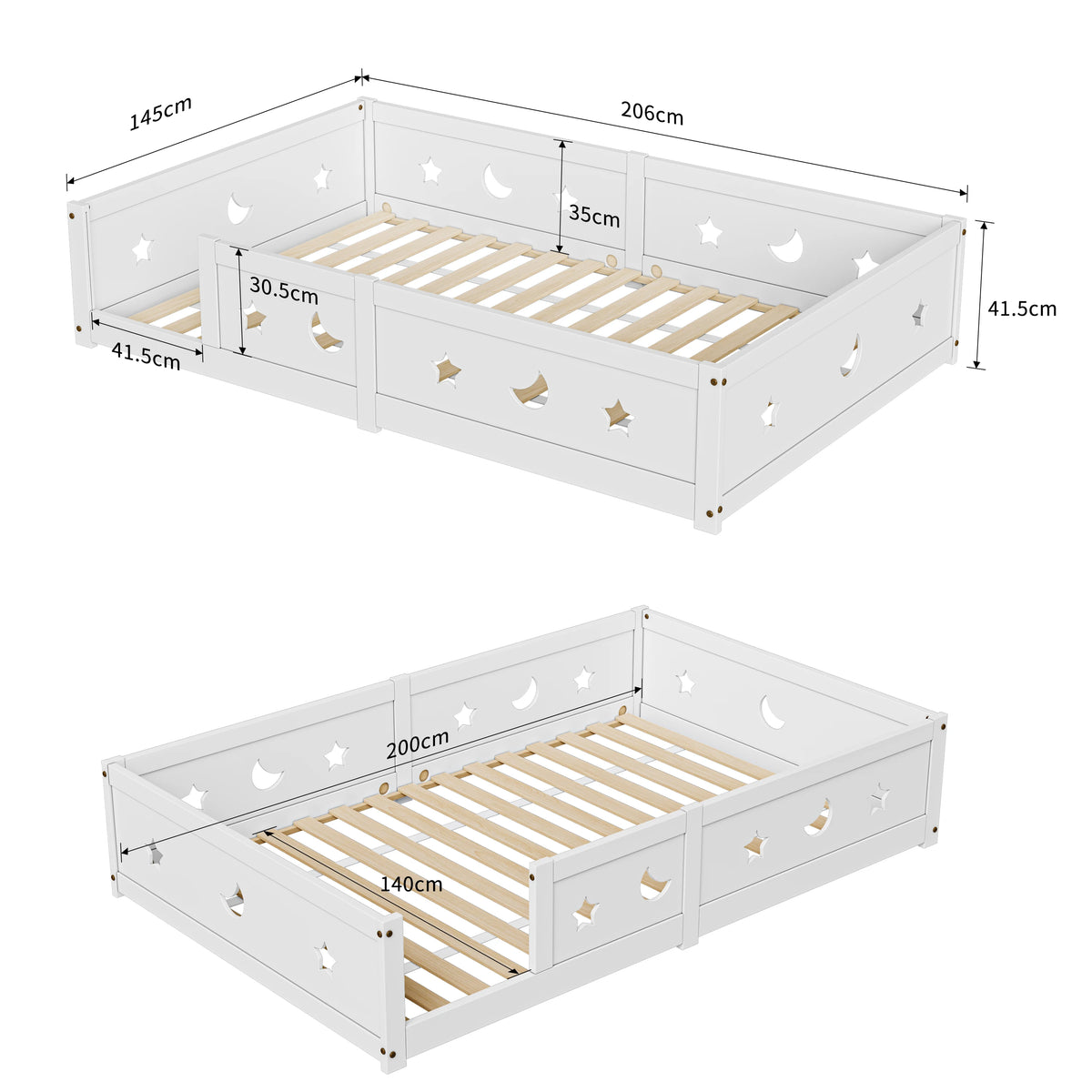 Bodenbett mit Rausfallschutz Mond und Stern 140x200 Lilla Kids