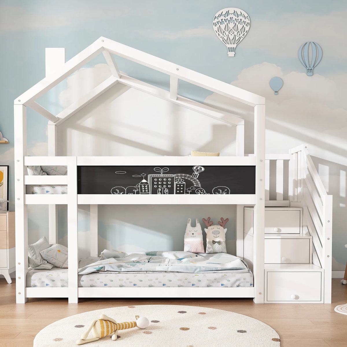 Etagenbett-Hausbett mit Dach und Stauraum 90x200 Lilla Kids