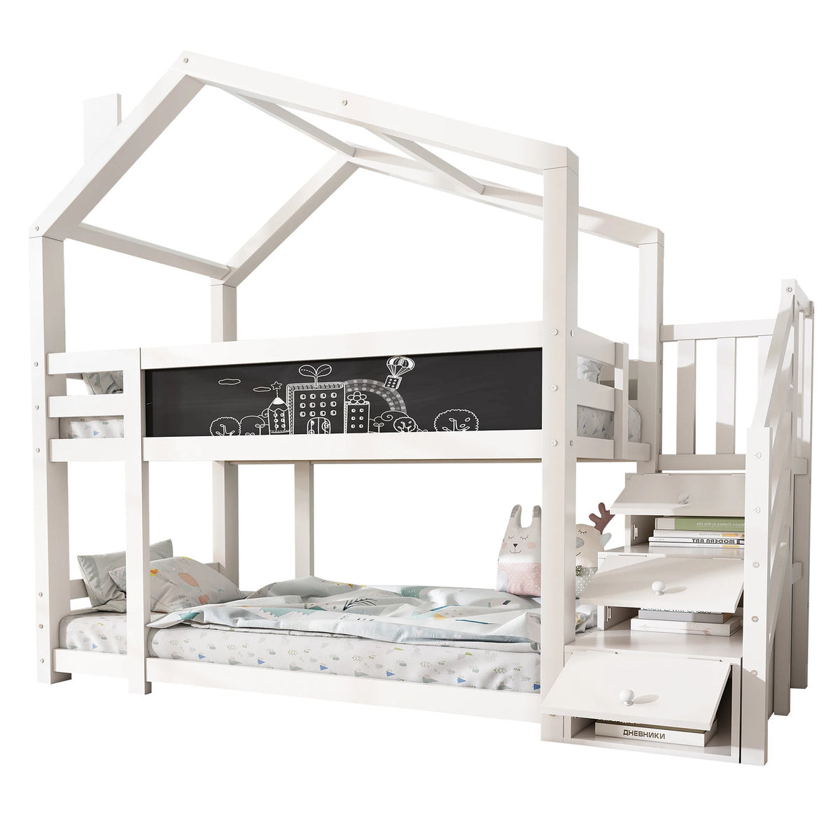 Etagenbett-Hausbett mit Dach und Stauraum 90x200 Lilla Kids
