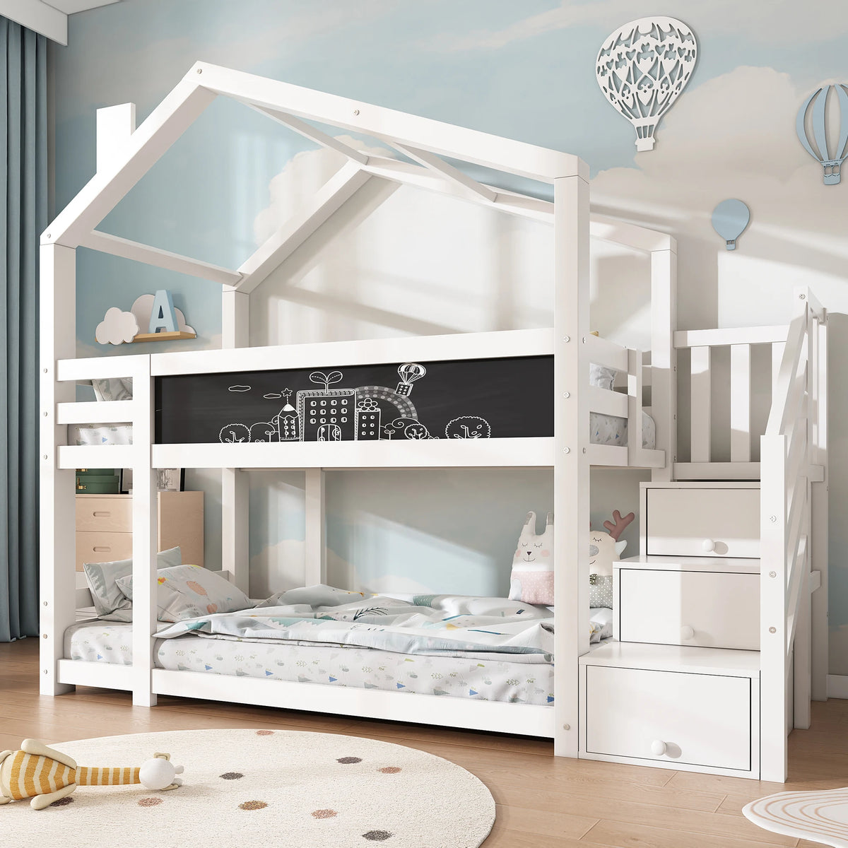 Etagenbett-Hausbett mit Dach und Stauraum 90x200 Lilla Kids