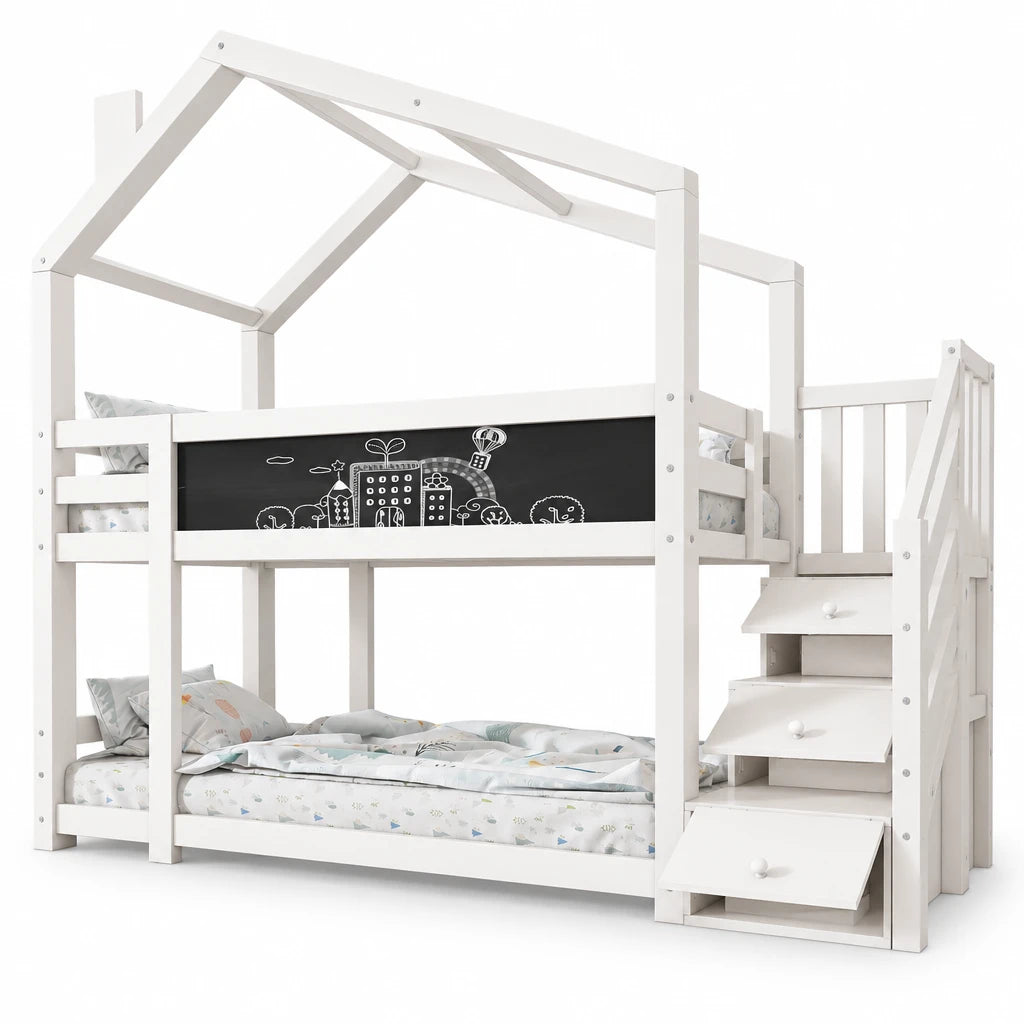 Etagenbett-Hausbett mit Dach und Stauraum 90x200 Lilla Kids