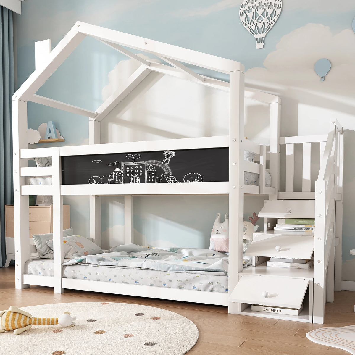 Etagenbett-Hausbett mit Dach und Stauraum 90x200 Lilla Kids
