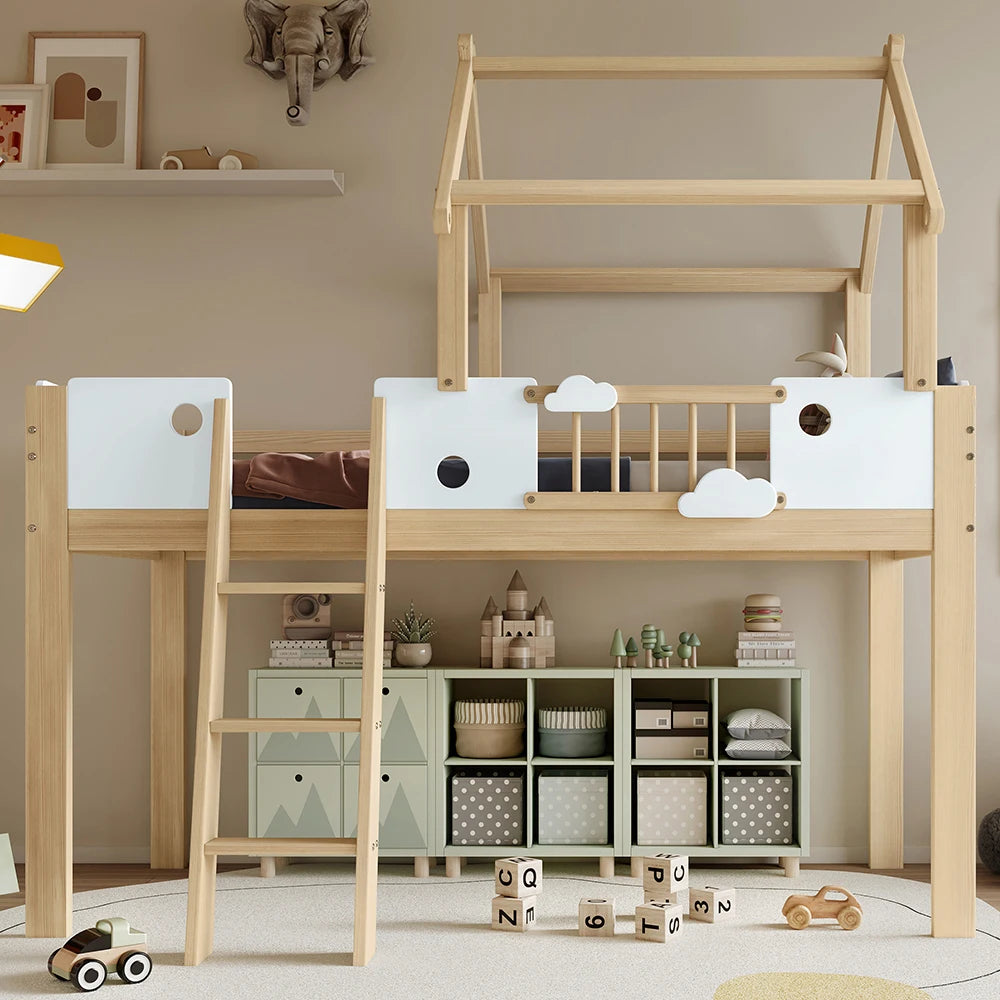 Etagenbett-Hausbett mit Dachdesign und Leiter 90x200 Lilla Kids