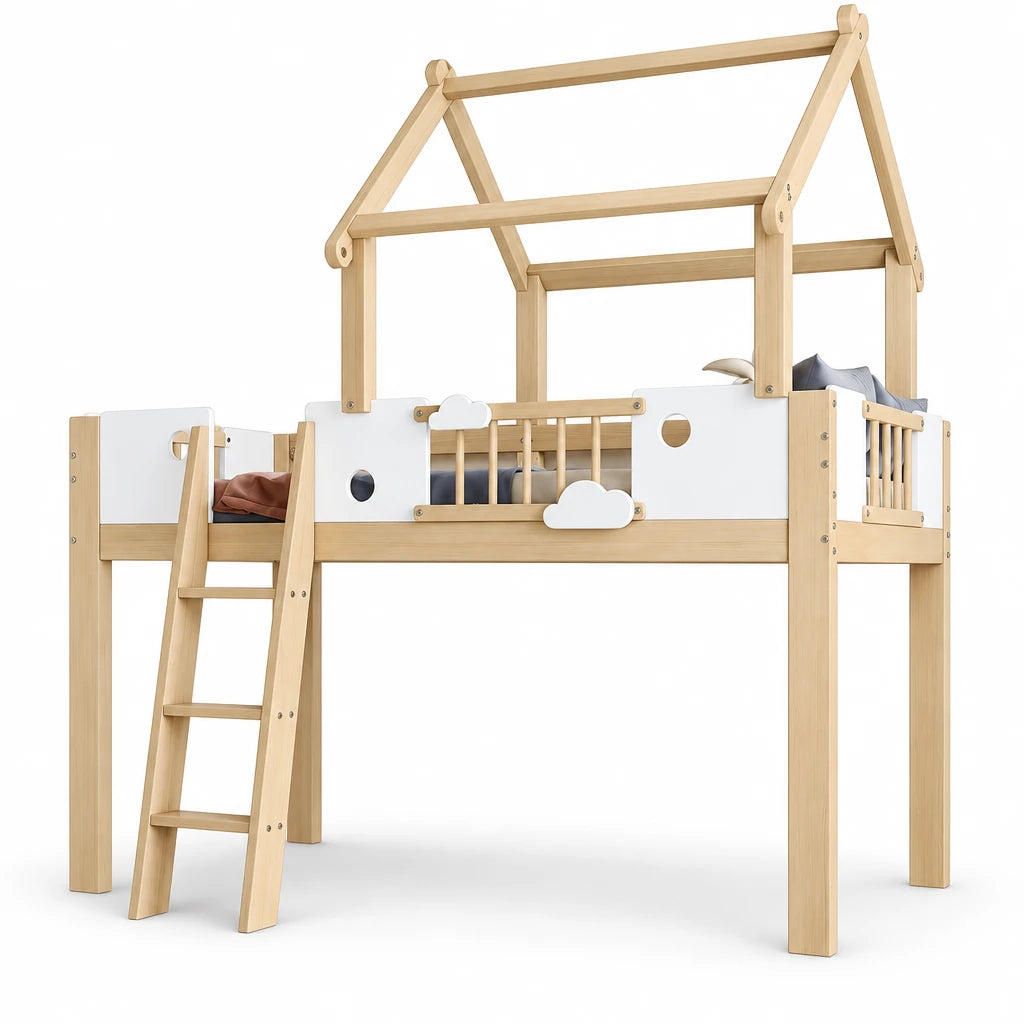 Etagenbett-Hausbett mit Dachdesign und Leiter 90x200 Lilla Kids