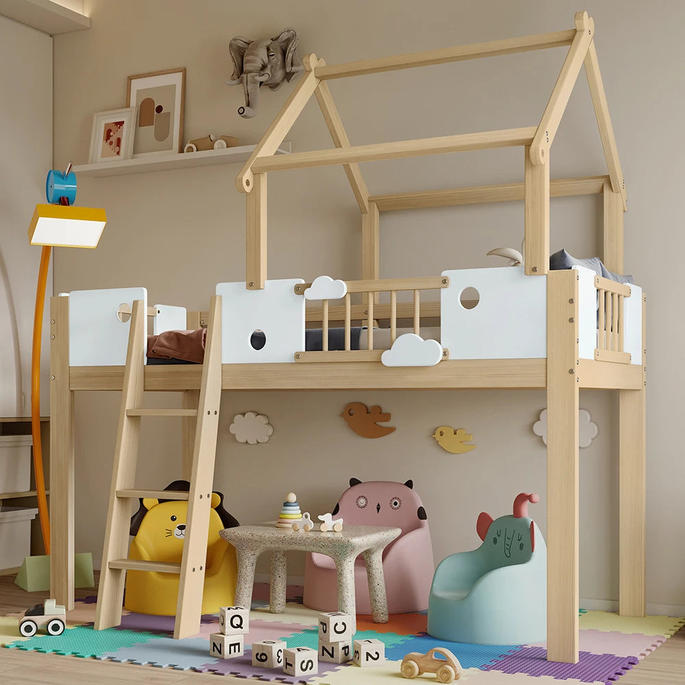 Etagenbett-Hausbett mit Dachdesign und Leiter 90x200 Lilla Kids