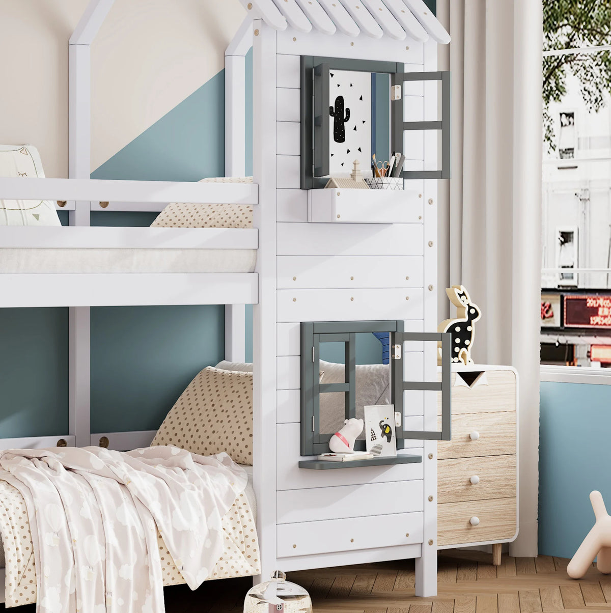 Etagenbett-Hausbett mit Fenstern aus weißer Kiefer 90x200 Lilla Kids