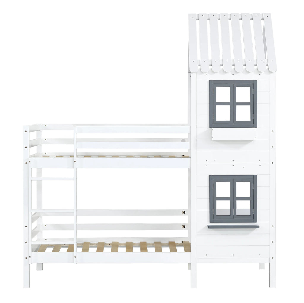 Etagenbett-Hausbett mit Fenstern aus weißer Kiefer 90x200 Lilla Kids