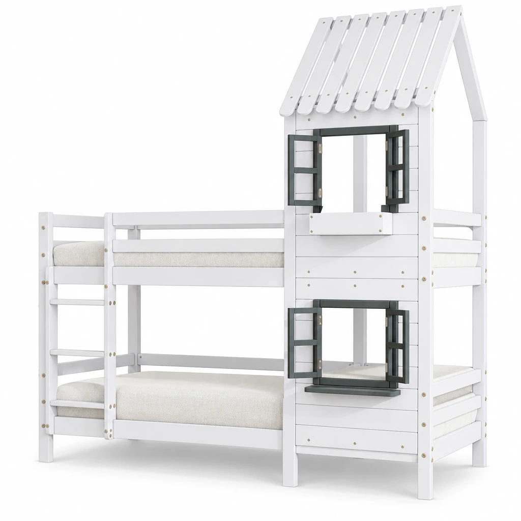 Etagenbett-Hausbett mit Fenstern aus weißer Kiefer 90x200 Lilla Kids