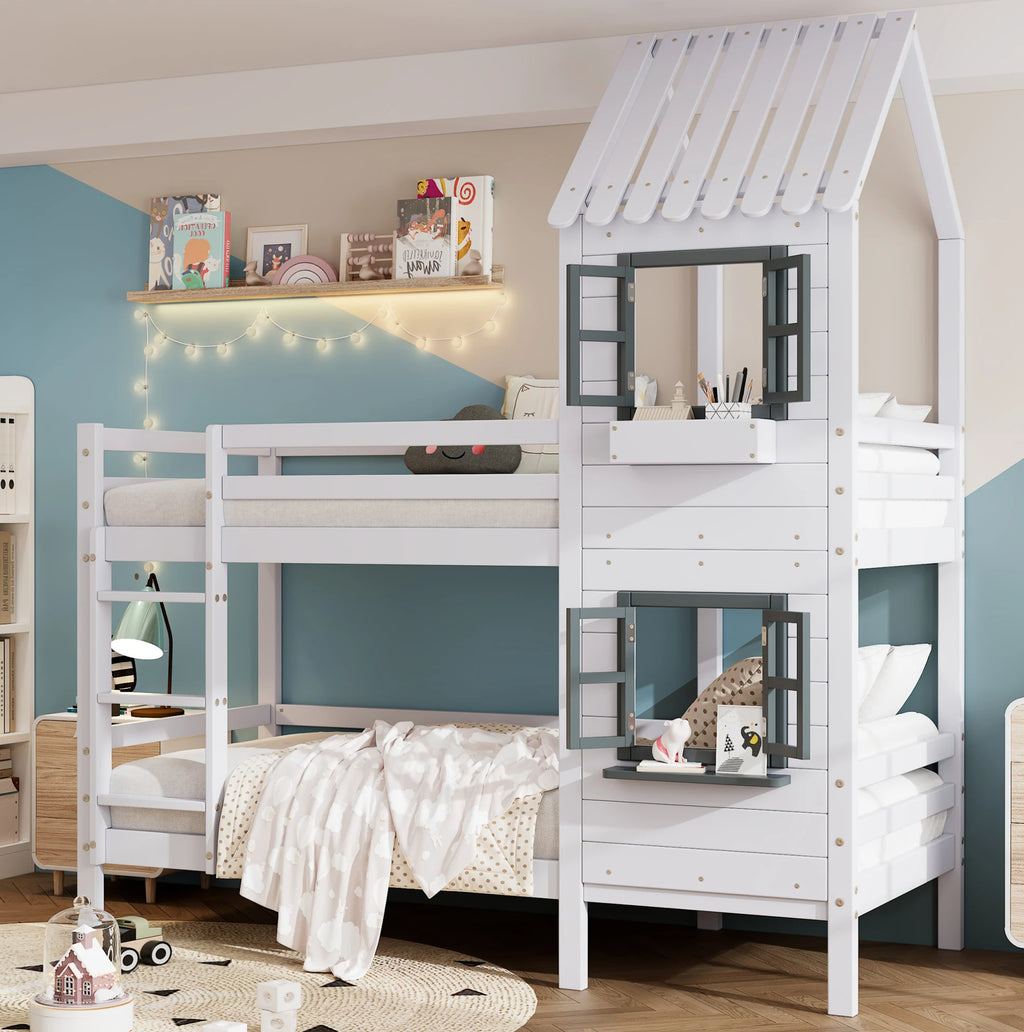 Etagenbett-Hausbett mit Fenstern aus weißer Kiefer 90x200 Lilla Kids