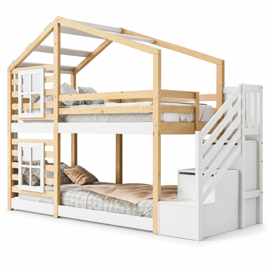 Etagenbett-Hausbett mit Fenstern und Stauraum 90x200 Lilla Kids