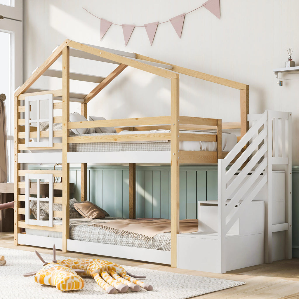 Etagenbett-Hausbett mit Fenstern und Stauraum 90x200 Lilla Kids