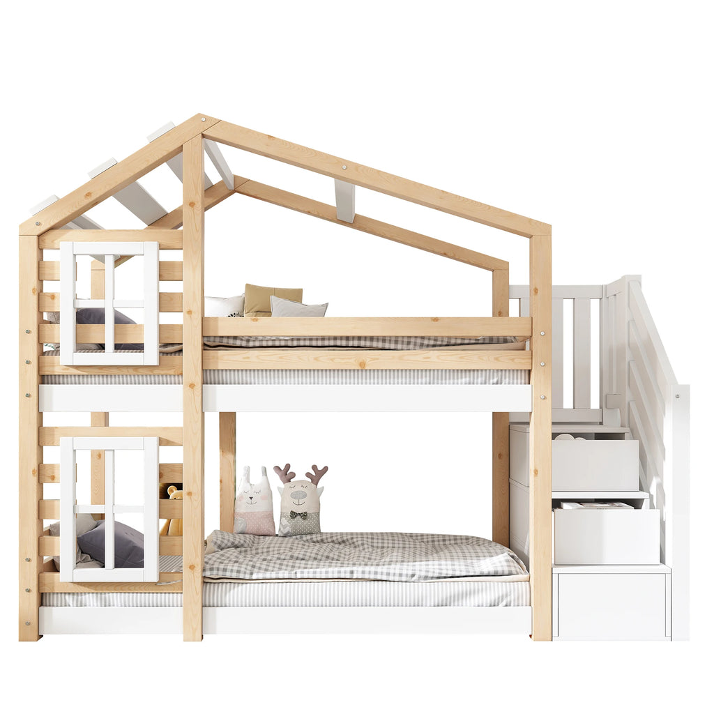 Etagenbett-Hausbett mit Fenstern und Stauraum 90x200 Lilla Kids