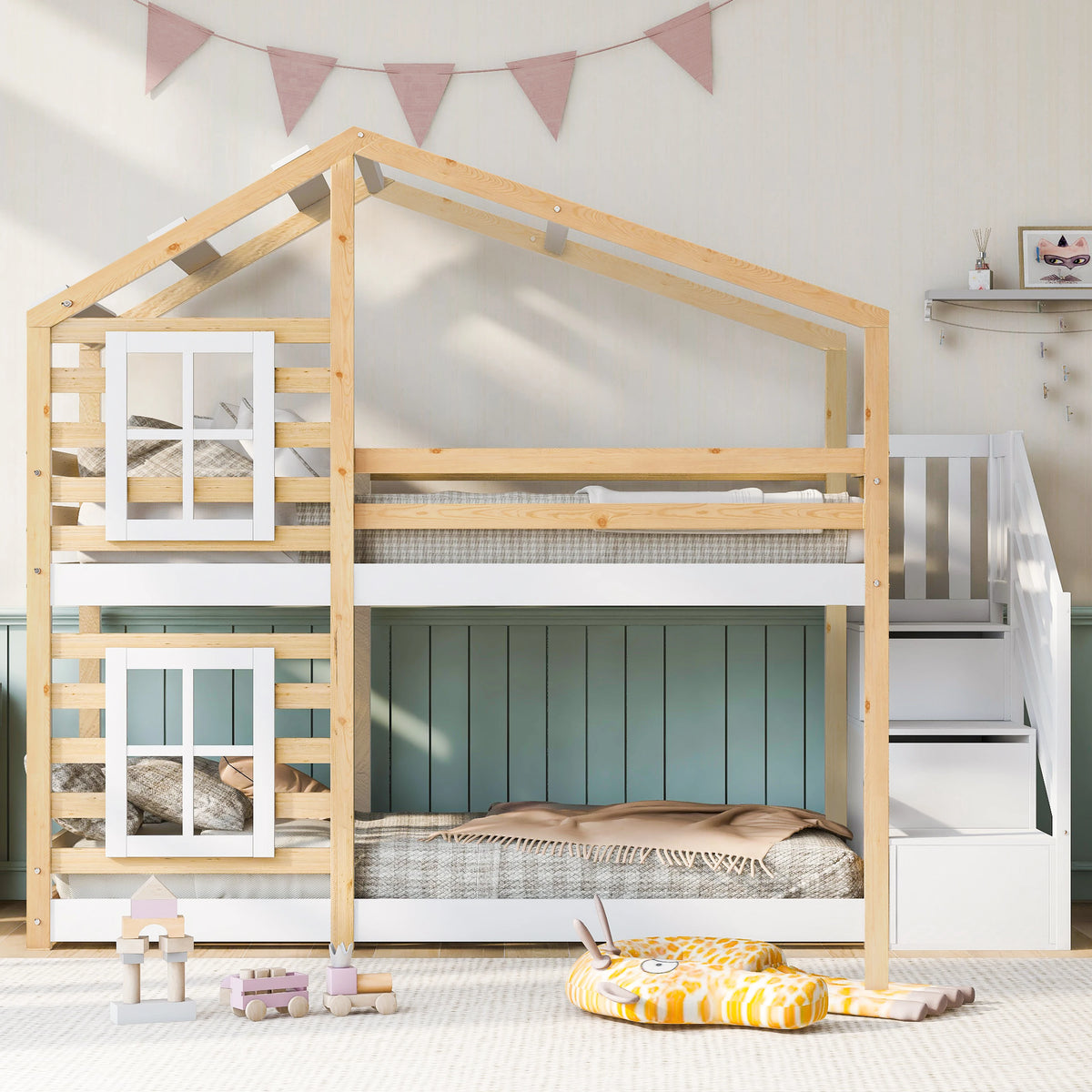 Etagenbett-Hausbett mit Fenstern und Stauraum 90x200 Lilla Kids
