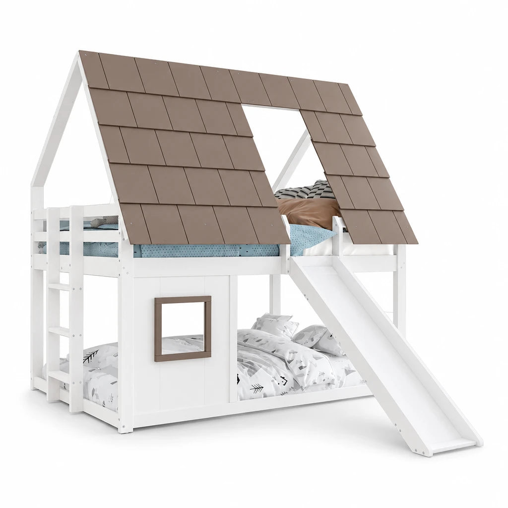 Etagenbett-Hausbett mit Rutsche in Weiß und Braun 90/140 Lilla Kids