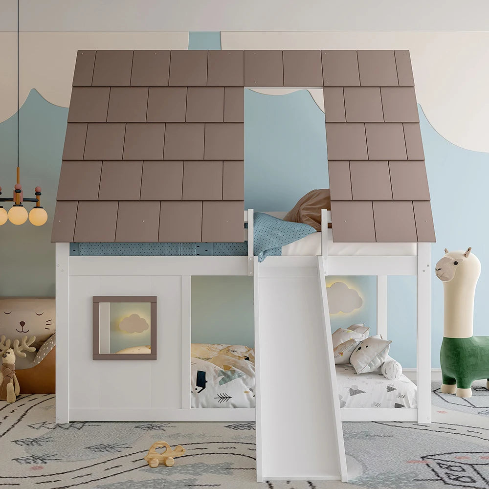 Etagenbett-Hausbett mit Rutsche in Weiß und Braun 90/140 Lilla Kids