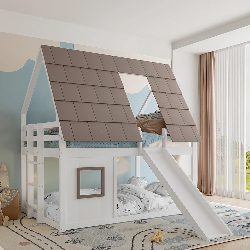 Etagenbett-Hausbett mit Rutsche in Weiß und Braun 90/140 Lilla Kids