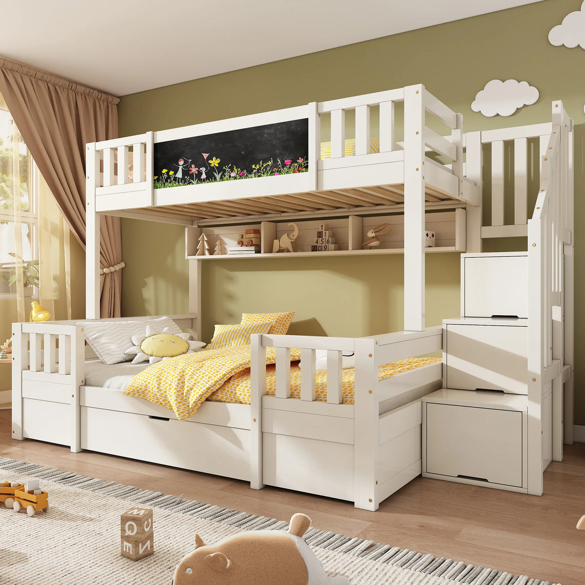 Etagenbett-Hausbett mit Rutsche, Tafel und Bücherregal Lilla Kids