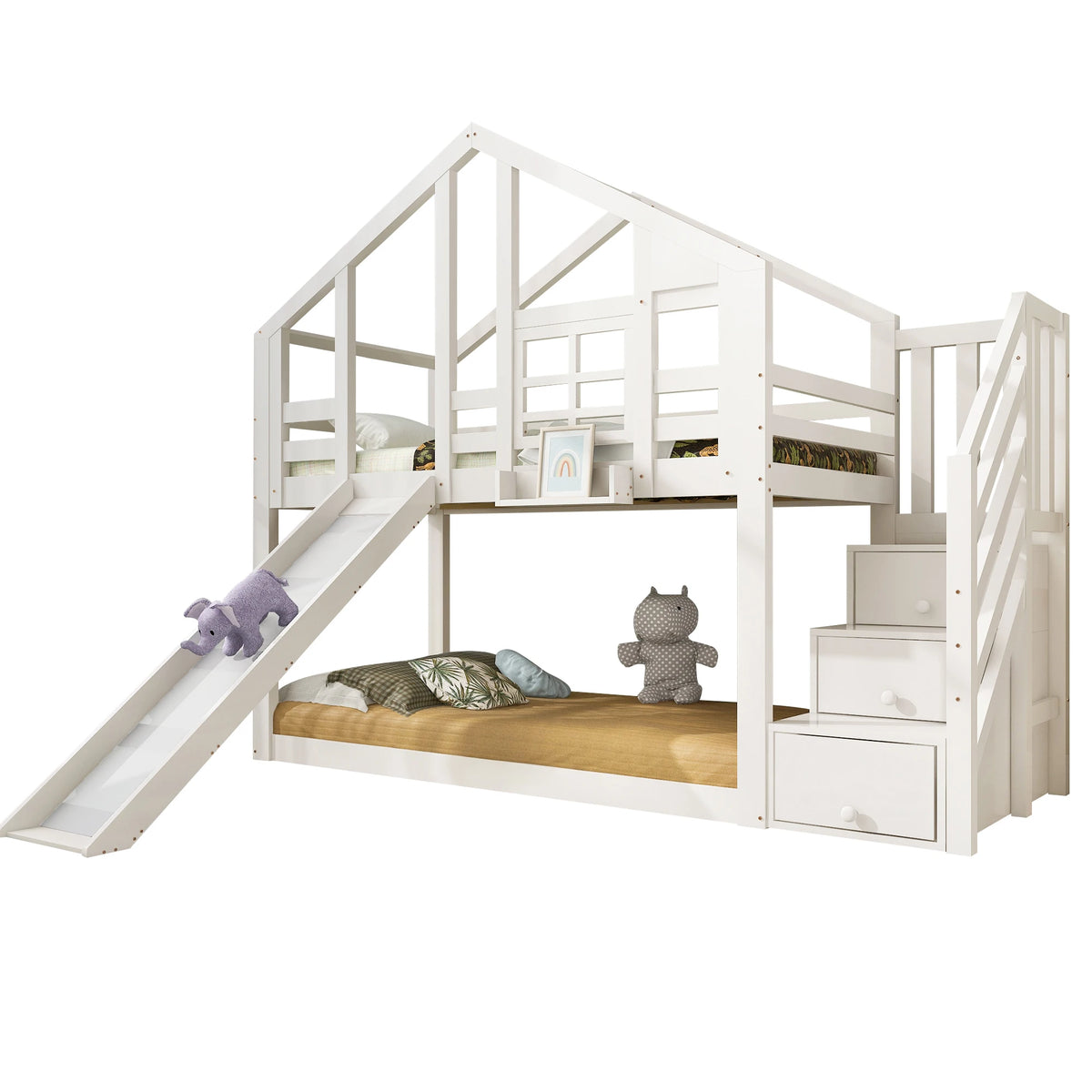 Etagenbett-Hausbett mit Rutsche und Fenster 90x200 Lilla Kids