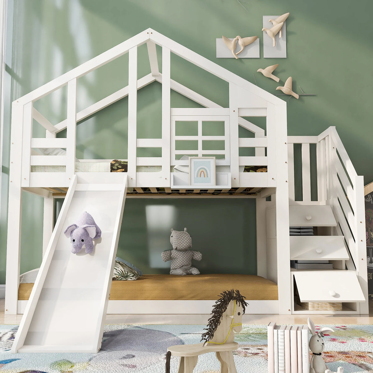 Etagenbett-Hausbett mit Rutsche und Fenster 90x200 Lilla Kids