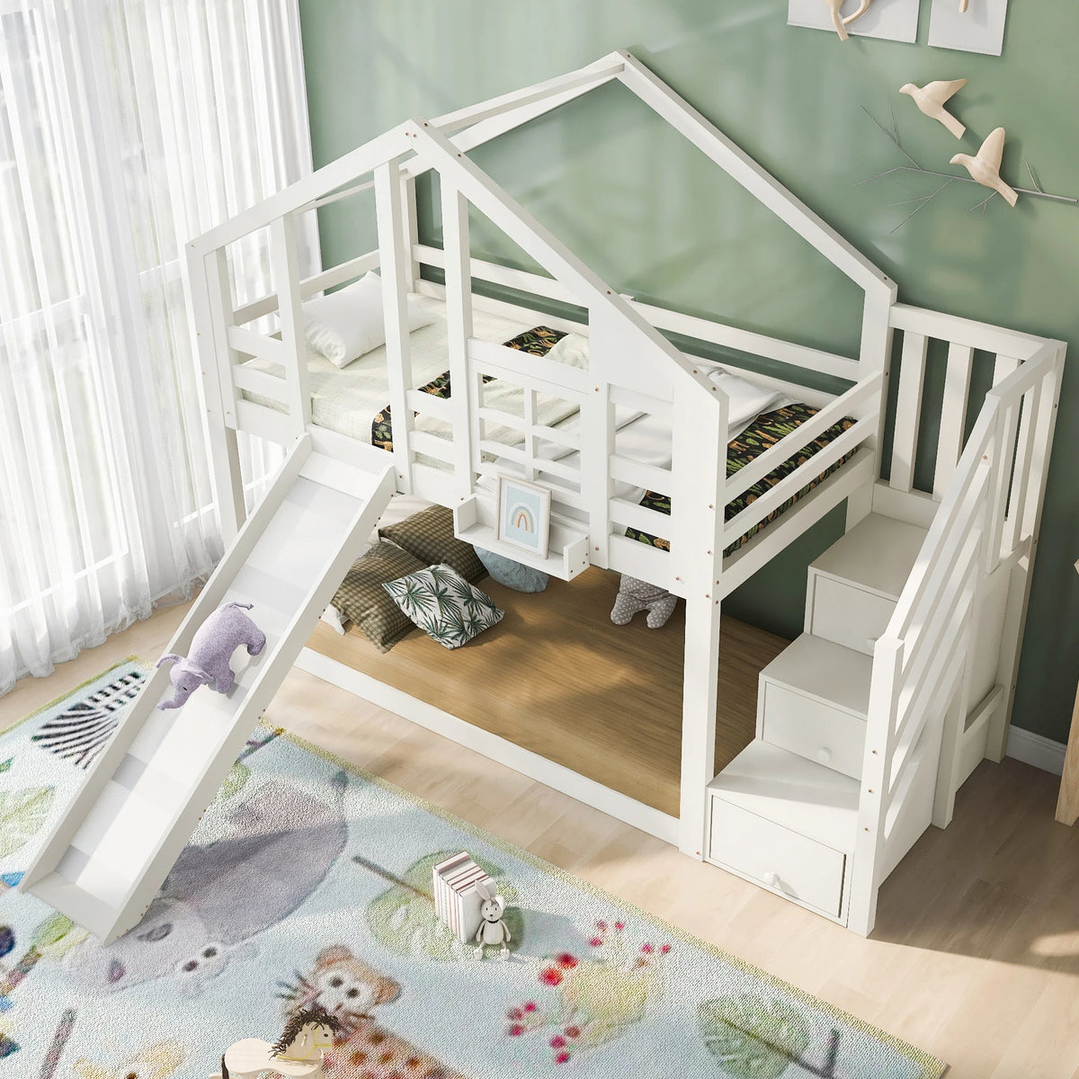 Etagenbett-Hausbett mit Rutsche und Fenster 90x200 Lilla Kids