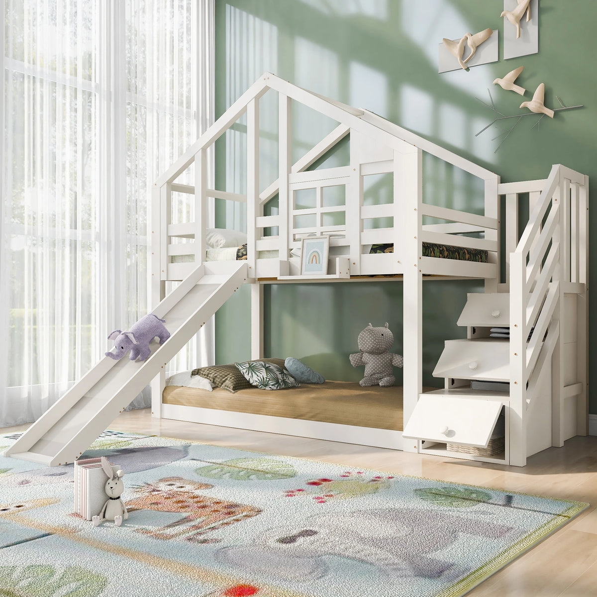 Etagenbett-Hausbett mit Rutsche und Fenster 90x200 Lilla Kids