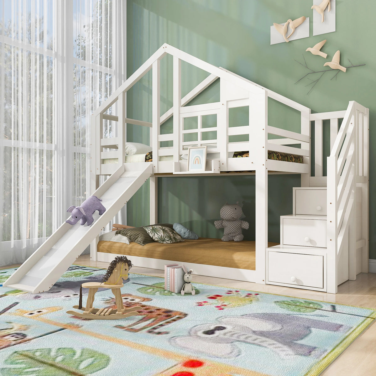 Etagenbett-Hausbett mit Rutsche und Fenster 90x200 Lilla Kids