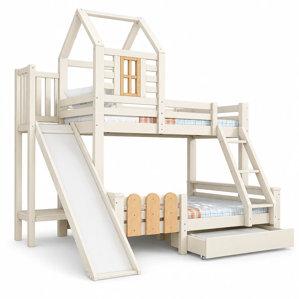 Etagenbett-Hausbett mit Rutsche und Schublade 90 und 140 Lilla Kids