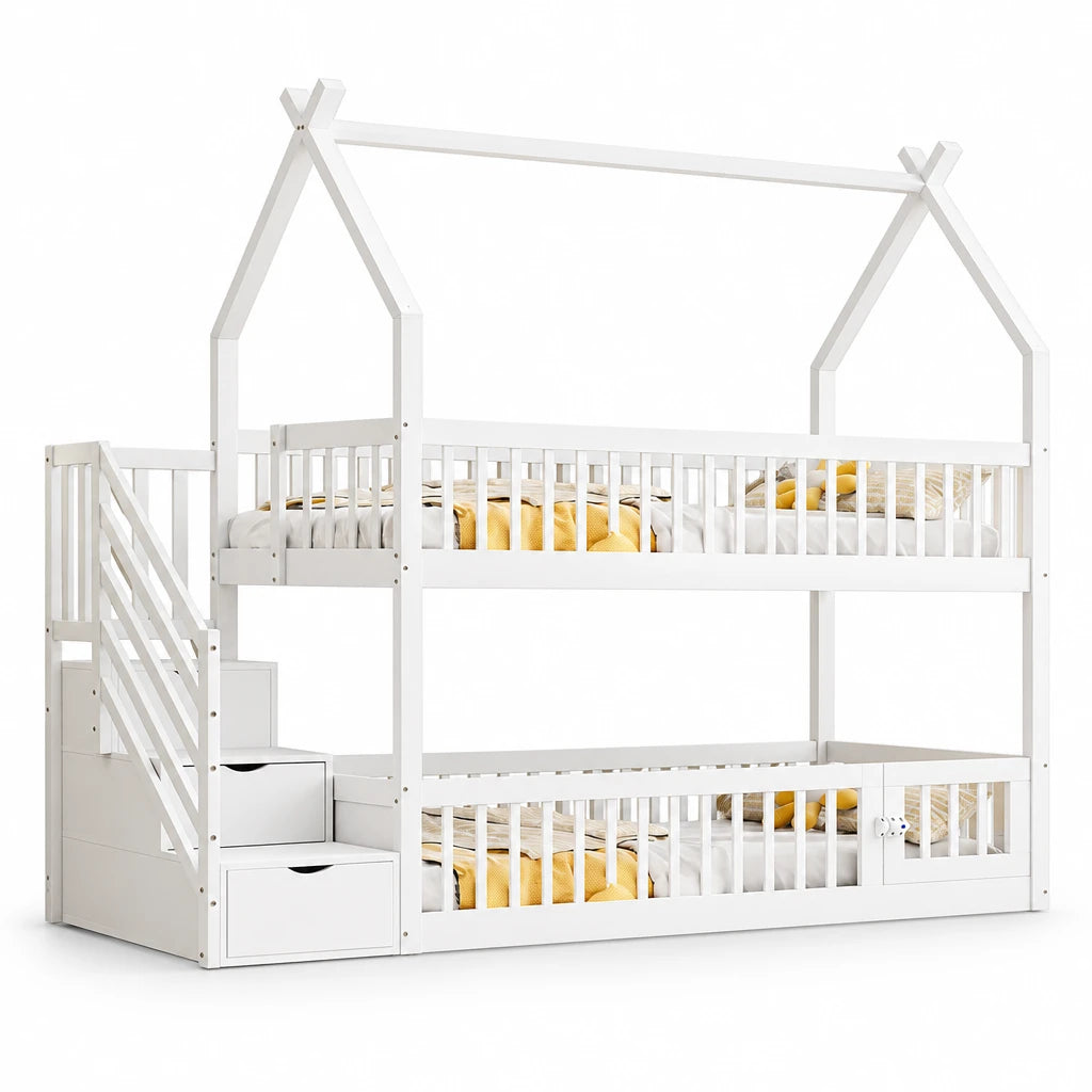 Etagenbett-Hausbett mit Treppe, Dach und Schubladen 90x200 Lilla Kids
