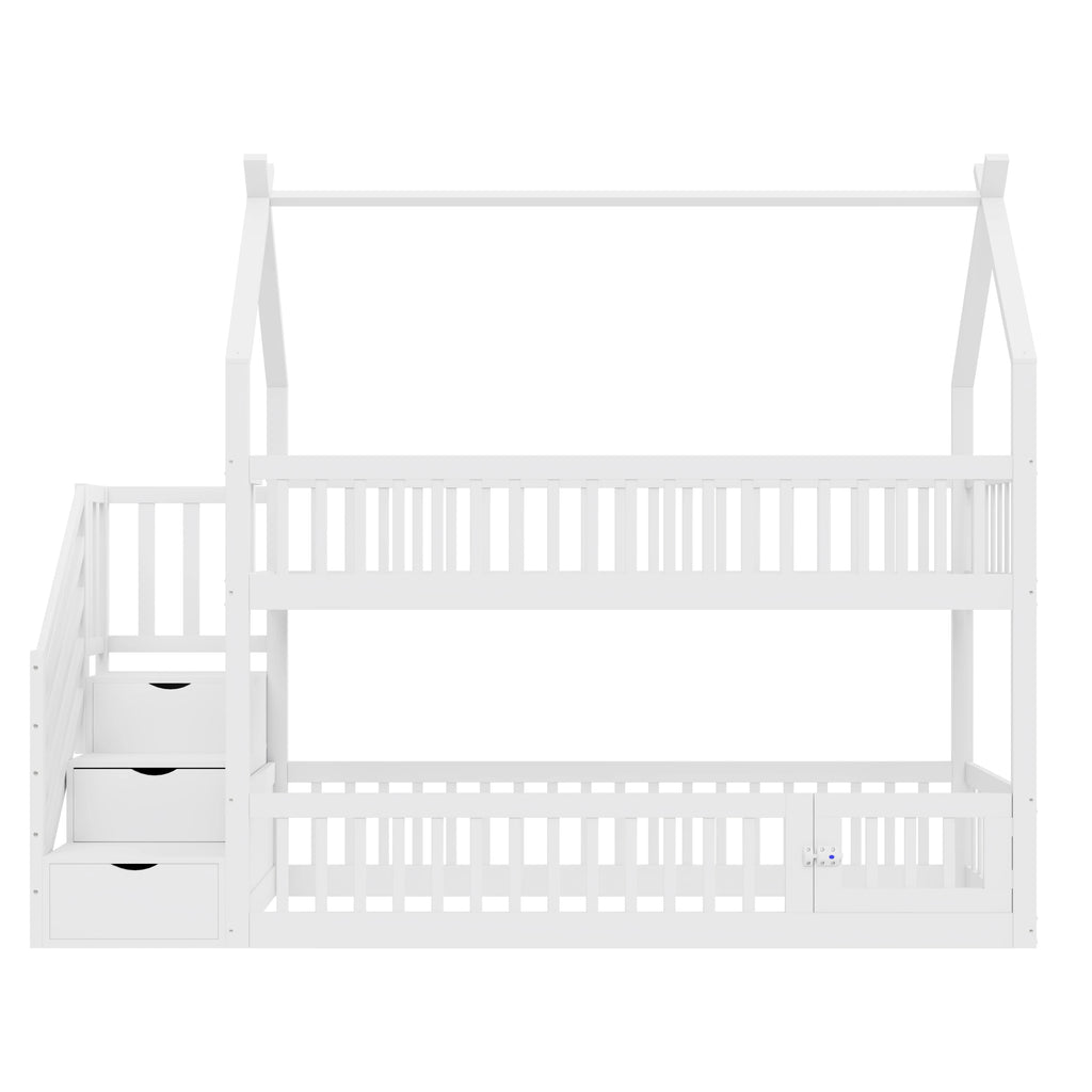 Etagenbett-Hausbett mit Treppe, Dach und Schubladen 90x200 Lilla Kids