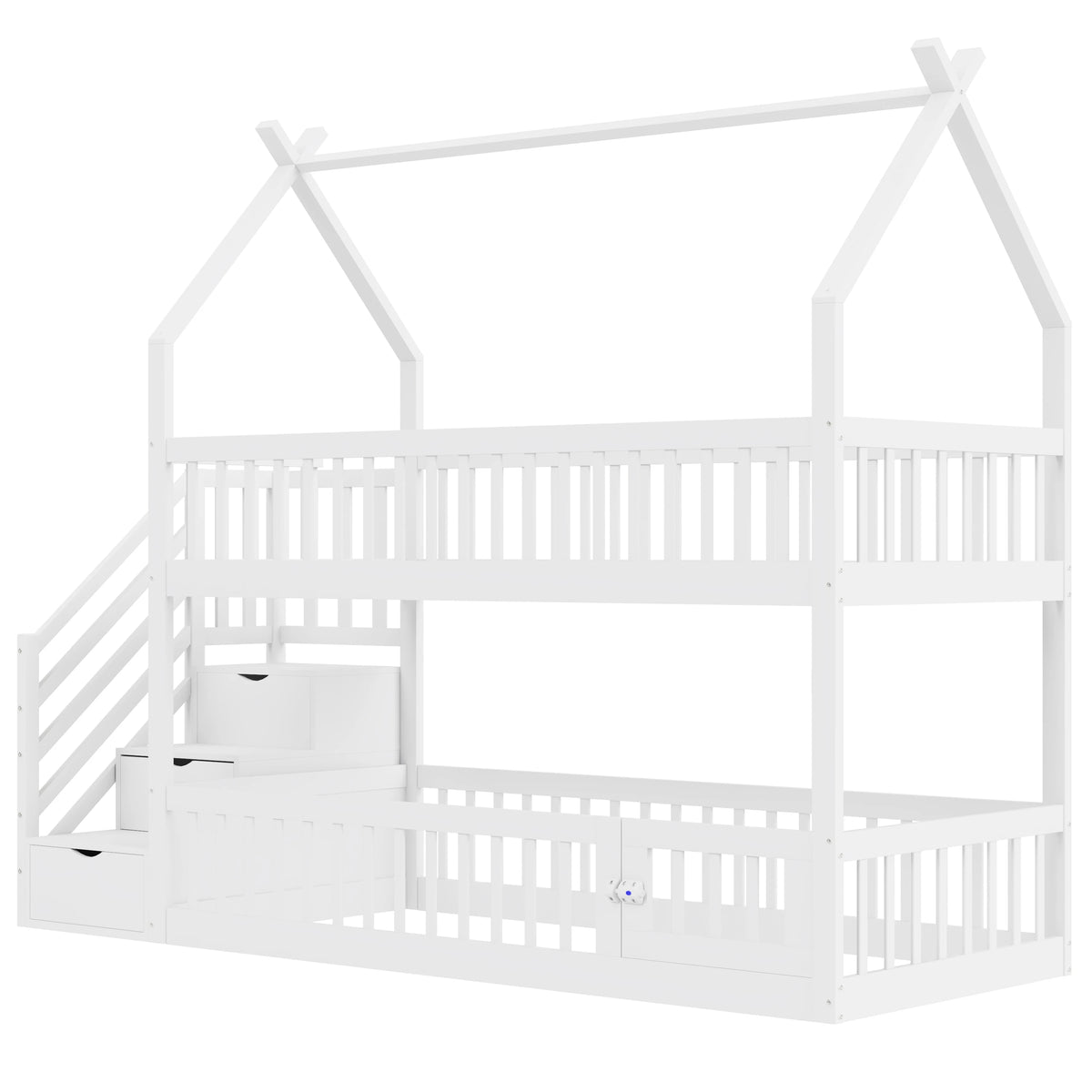 Etagenbett-Hausbett mit Treppe, Dach und Schubladen 90x200 Lilla Kids
