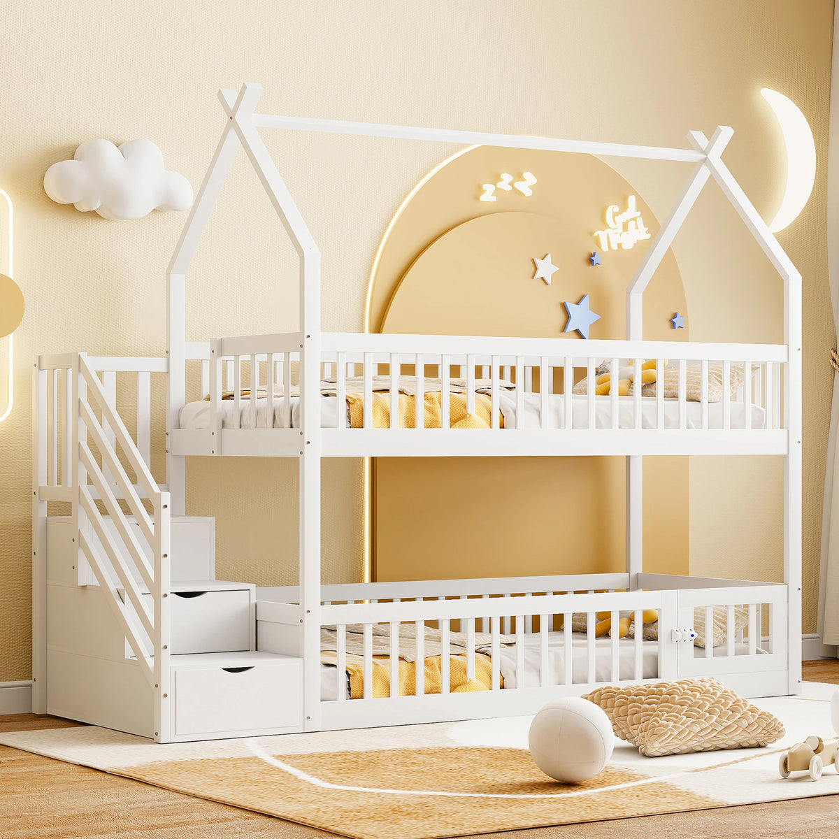 Etagenbett-Hausbett mit Treppe, Dach und Schubladen 90x200 Lilla Kids