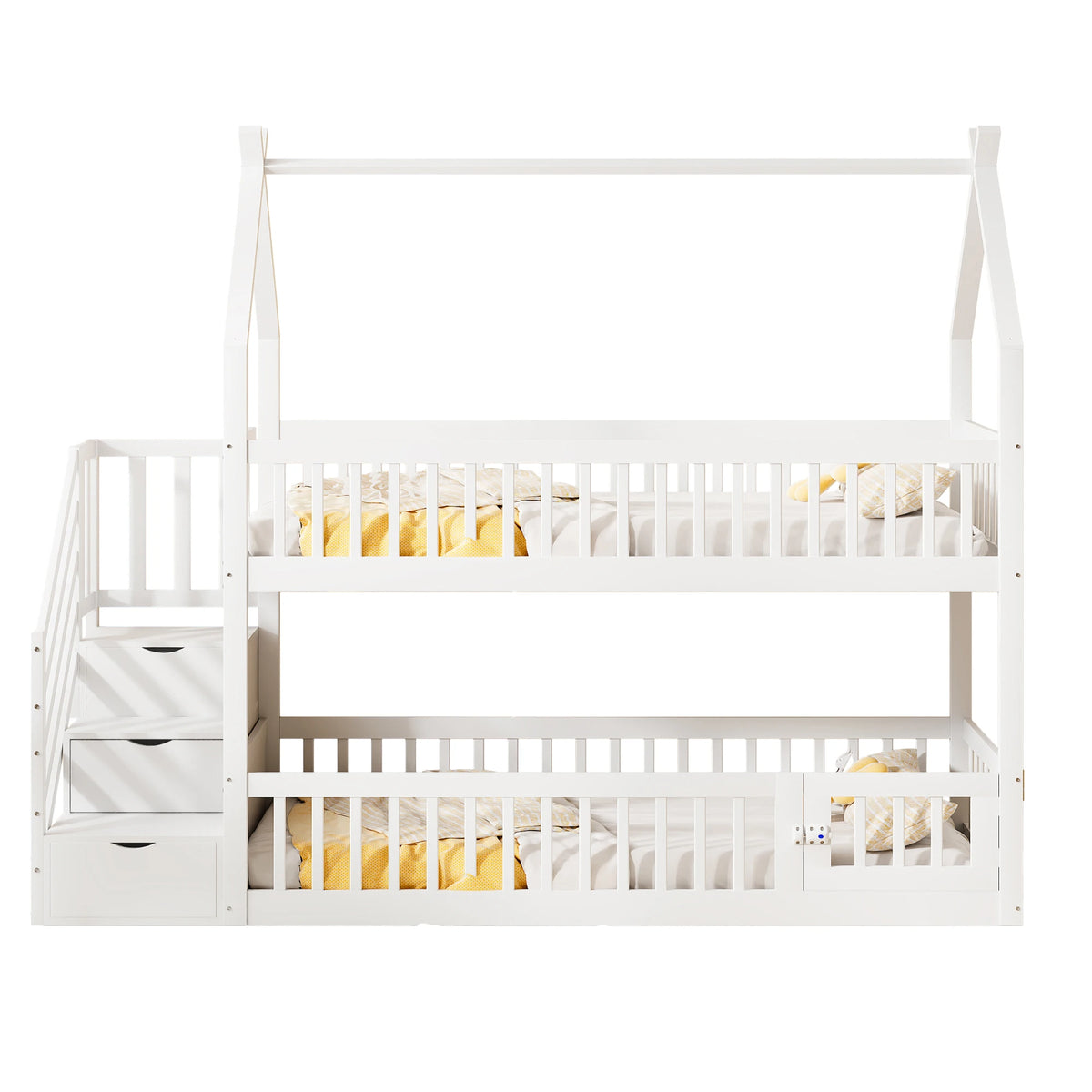 Etagenbett-Hausbett mit Treppe, Dach und Schubladen 90x200 Lilla Kids