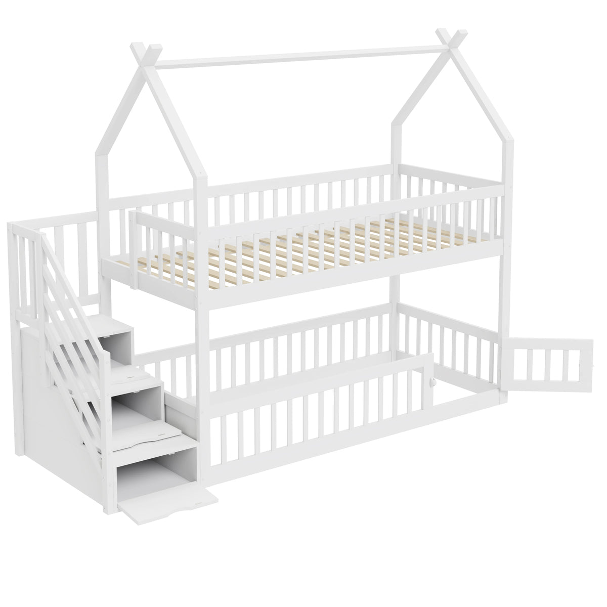 Etagenbett-Hausbett mit Treppe, Dach und Schubladen 90x200 Lilla Kids
