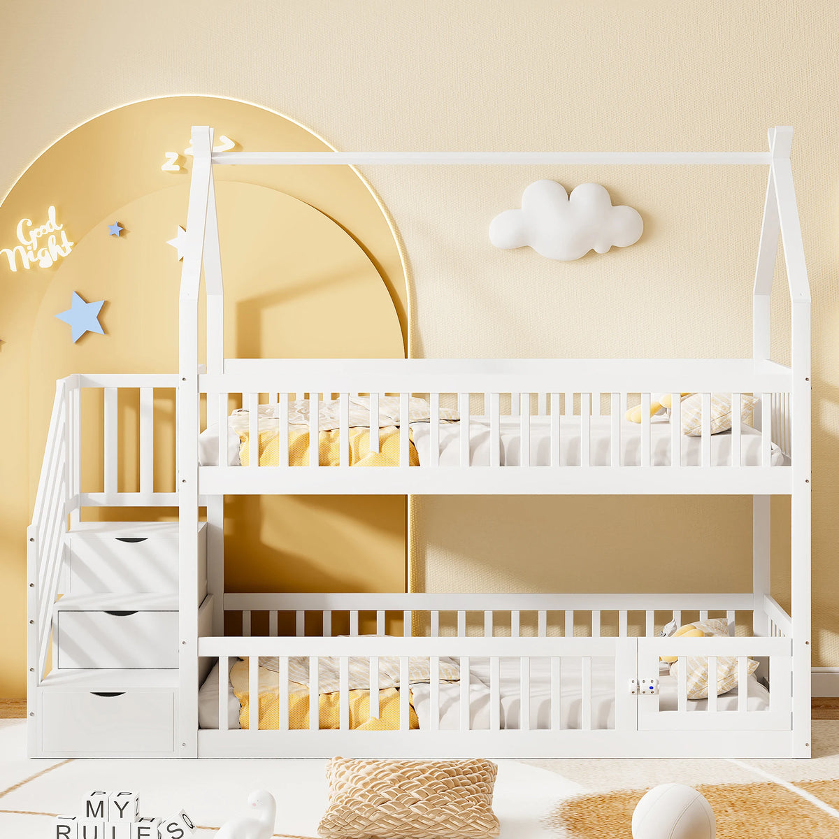Etagenbett-Hausbett mit Treppe, Dach und Schubladen 90x200 Lilla Kids