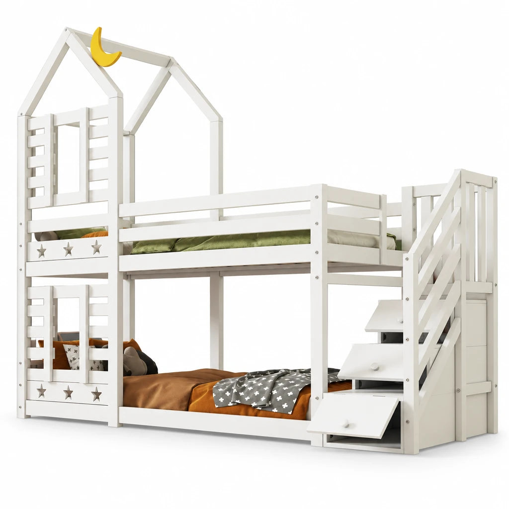 Etagenbett-Hausbett mit Treppe, Schubladen und Sternendach 90x200 Lilla Kids