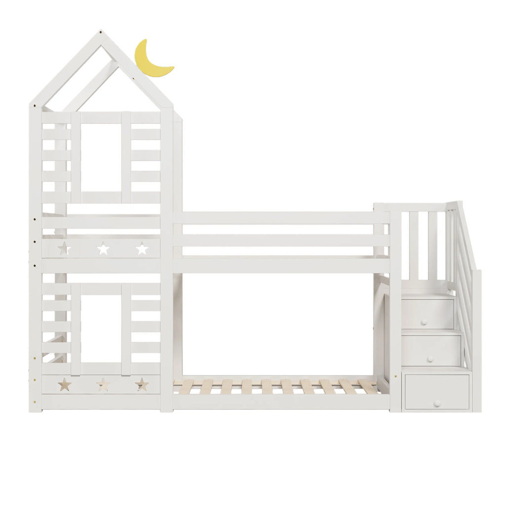 Etagenbett-Hausbett mit Treppe, Schubladen und Sternendach 90x200 Lilla Kids