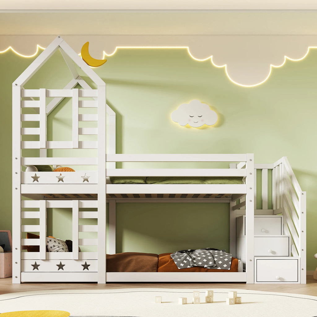 Etagenbett-Hausbett mit Treppe, Schubladen und Sternendach 90x200 Lilla Kids