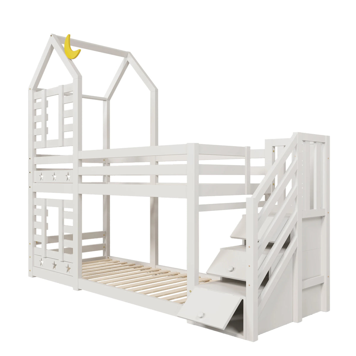 Etagenbett-Hausbett mit Treppe, Schubladen und Sternendach 90x200 Lilla Kids