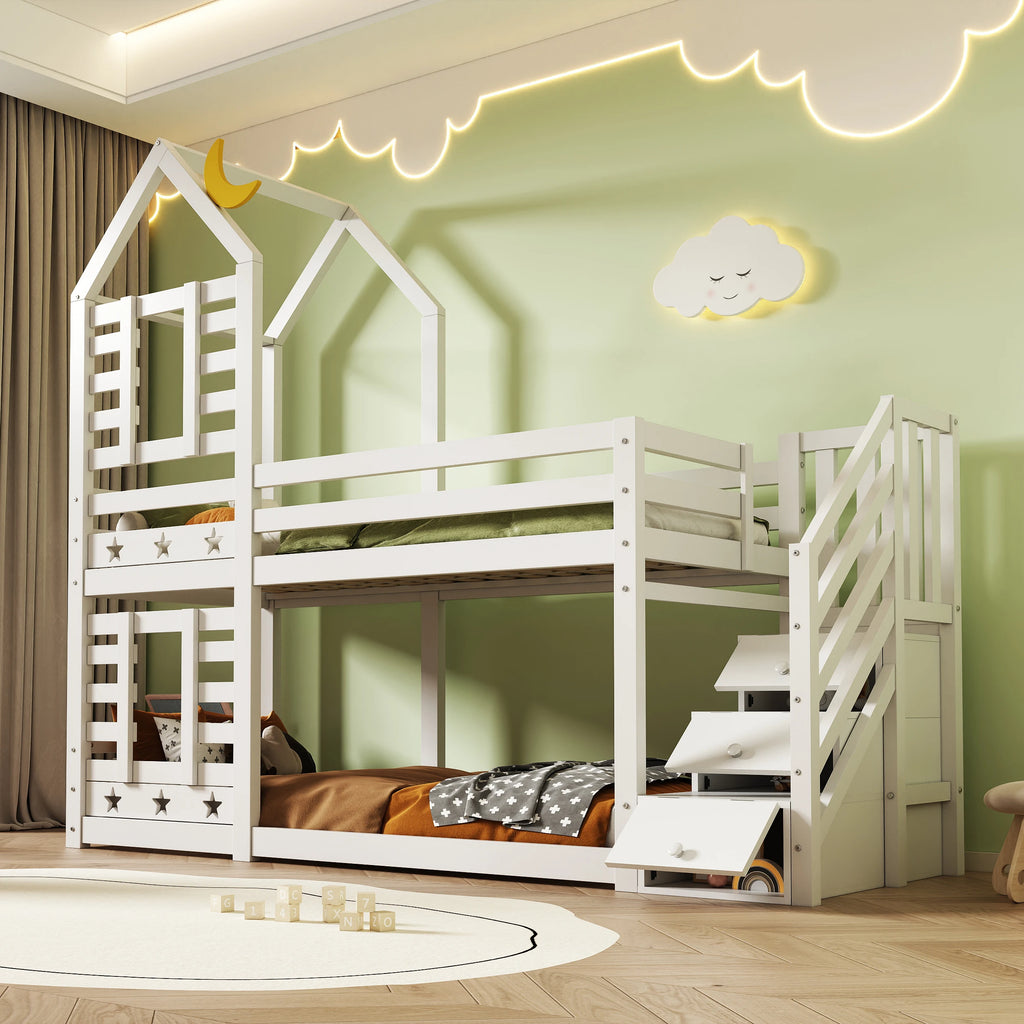 Etagenbett-Hausbett mit Treppe, Schubladen und Sternendach 90x200 Lilla Kids