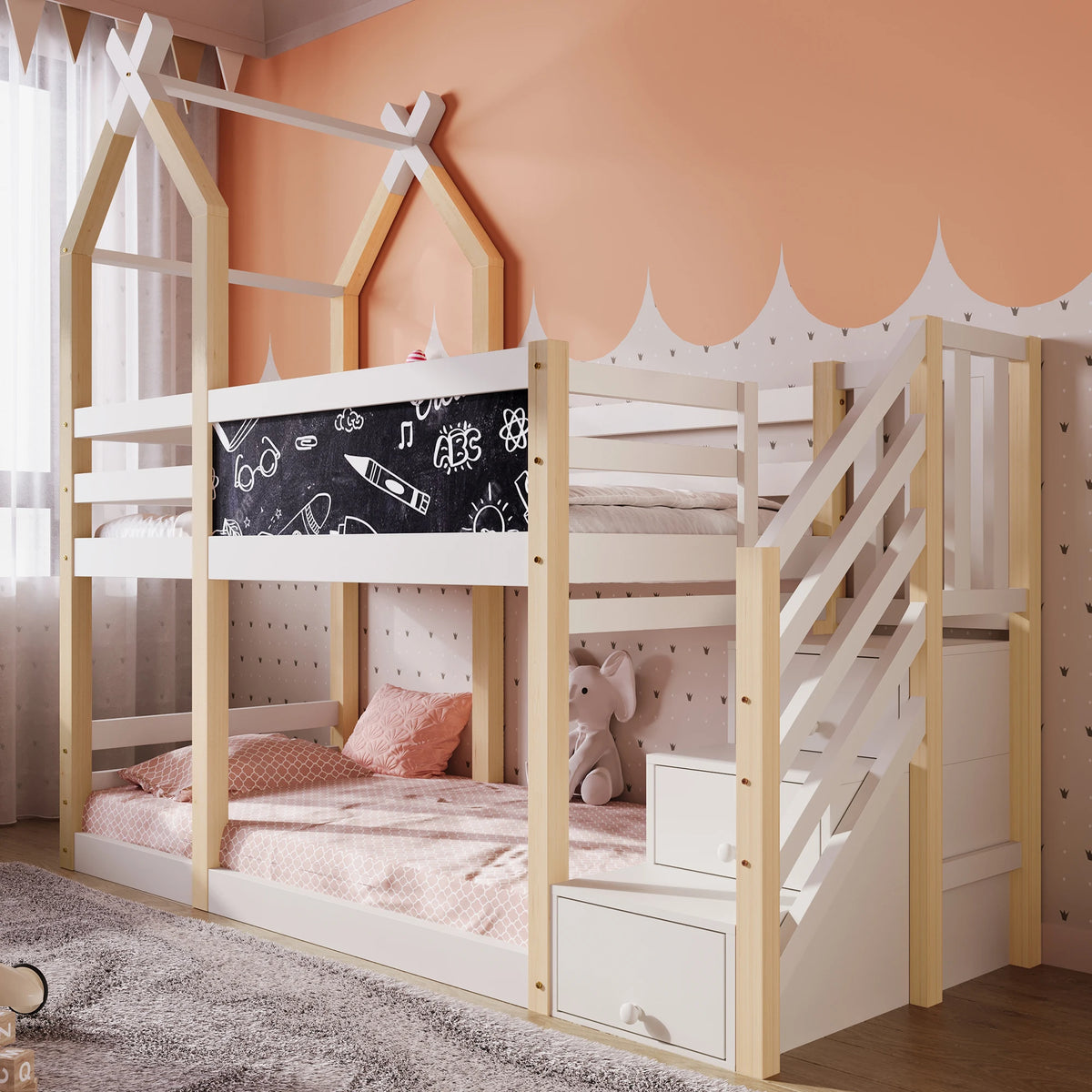 Etagenbett-Hausbett mit Treppe und integriertem Stauraum Lilla Kids