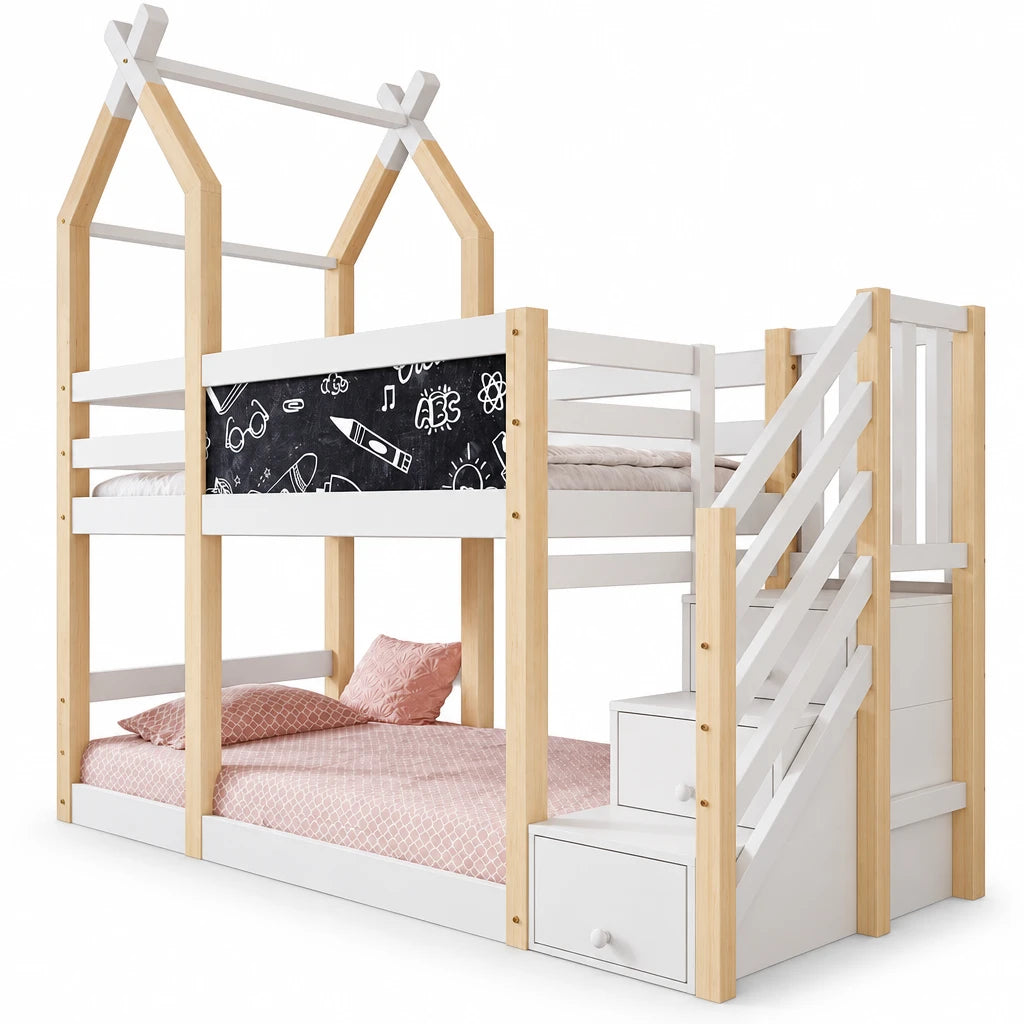 Etagenbett-Hausbett mit Treppe und integriertem Stauraum Lilla Kids