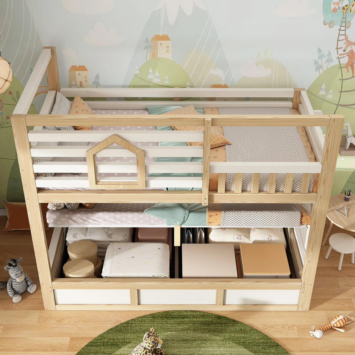 Etagenbett mit Fenstern und gerader Leiter in Khaki 90x200 Lilla Kids